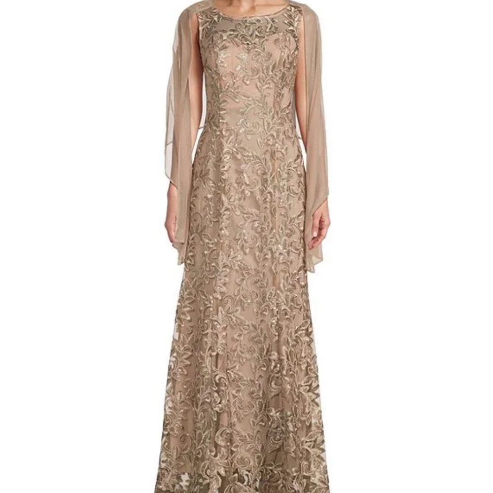 Teri Jon Gold Long Sleeve Illusion Gown for Weddings